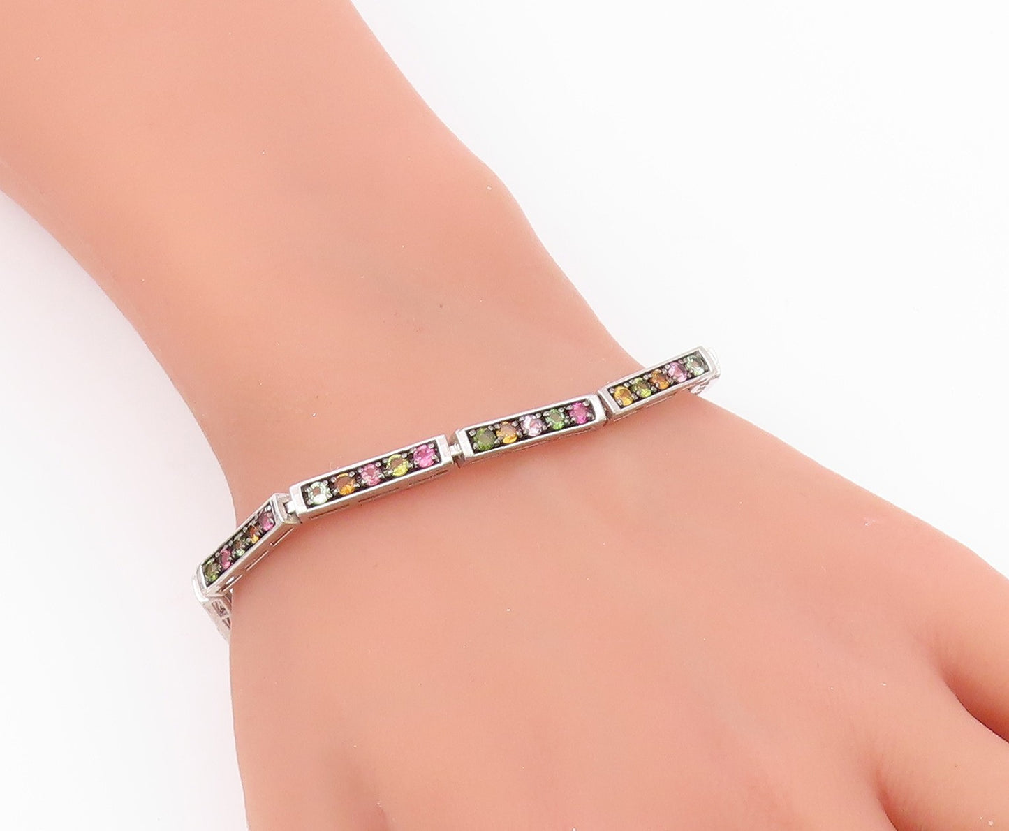 925 Sterling Silver Peridot & Multi Color Topaz Bar Chain Bracelet BT6855