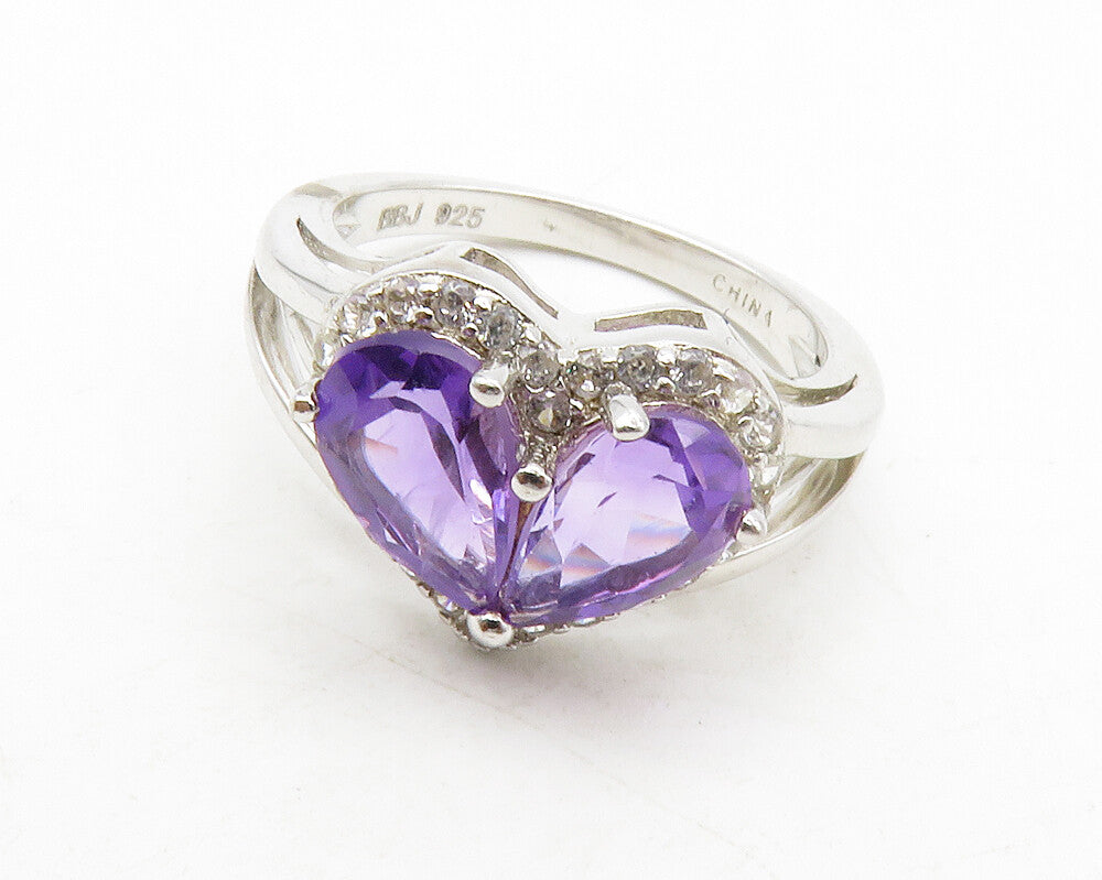 925 Sterling Silver  Amethyst Love Heart Split Cocktail Ring Sz 5.5  RG13470