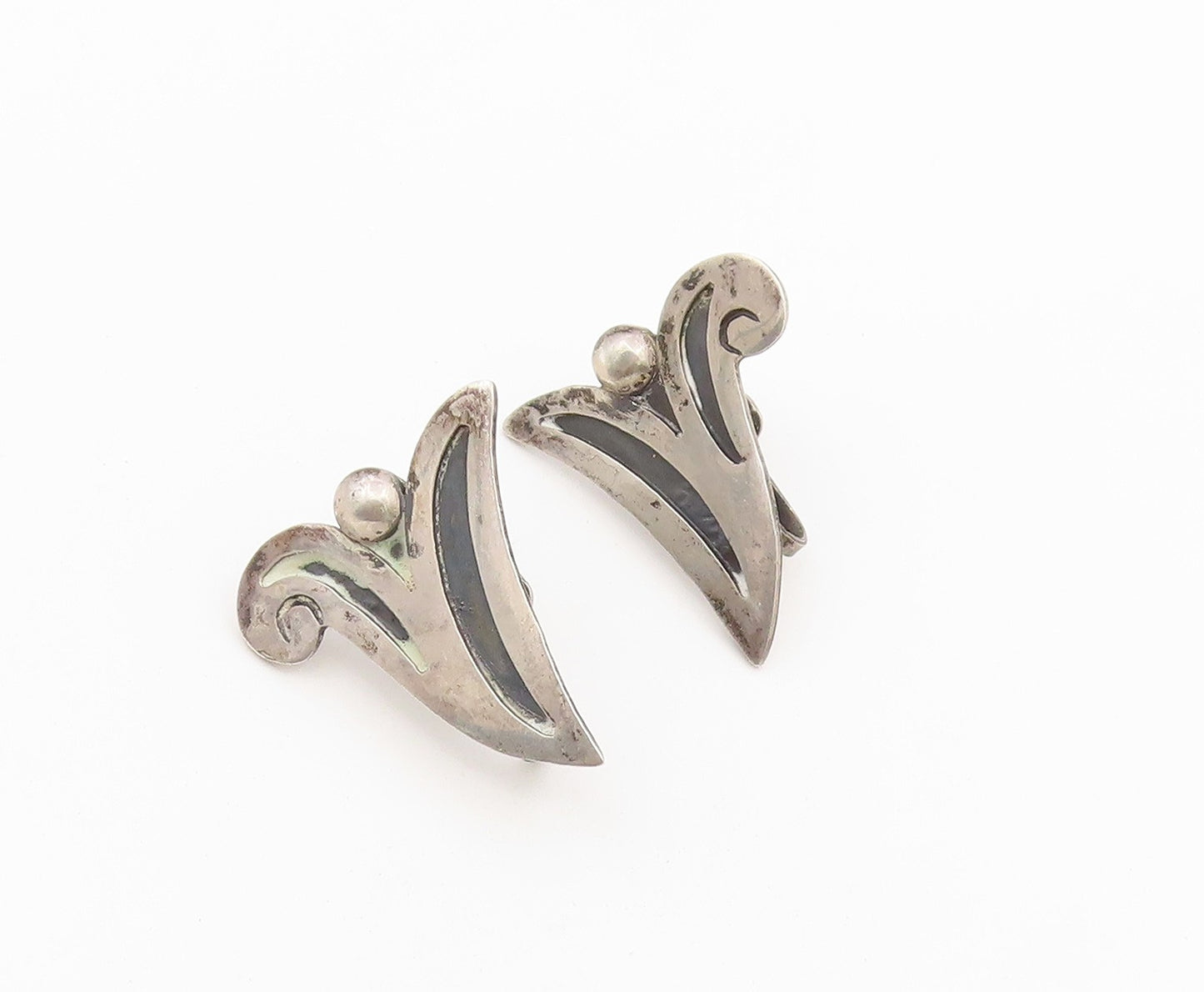 925 Sterling Silver Vintage Earrings TAXCO MEXICO Floral Leaf Screw Back EG14480