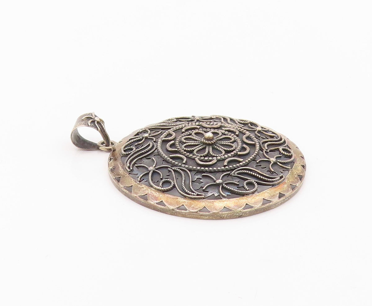 DOUG PAULUS 925 Silver  Vintage Two Tone Floral Beaded Scroll Pendant  PT20119
