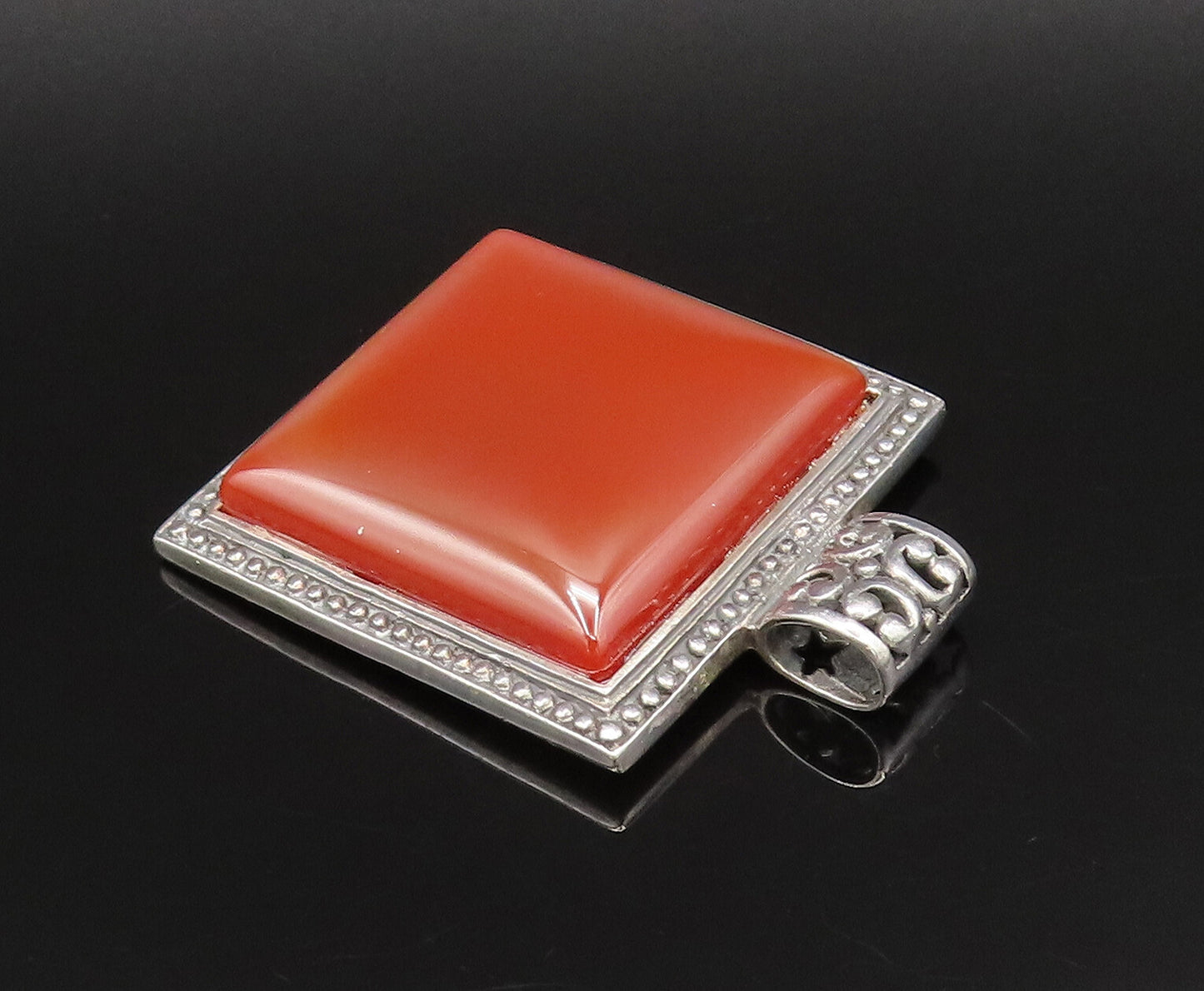 925 Sterling Silver  Vintage Dotted Edge Square Carnelian Pendant  PT21713