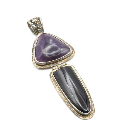925 Sterling Silver  Vintage Amethyst & Black Onyx Hinge Drop Pendant  PT9963