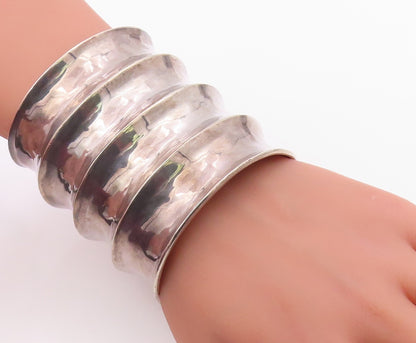 925 Sterling Silver Vintage Bracelet Modernist Solid Ribbed Wide Cuff  BT12136