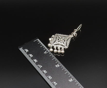 925 Silver  Vintage Wavy Border Beaded Diamond Shaped Dangle Earrings  EG11982