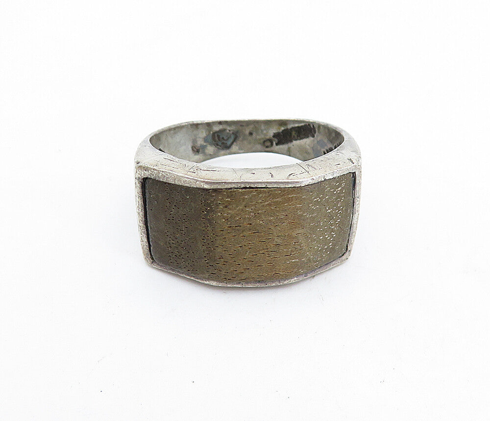 MEXICO 925 Sterling Silver Vintage Rustic Wooden Band Ring Sz 9.5 RG5849