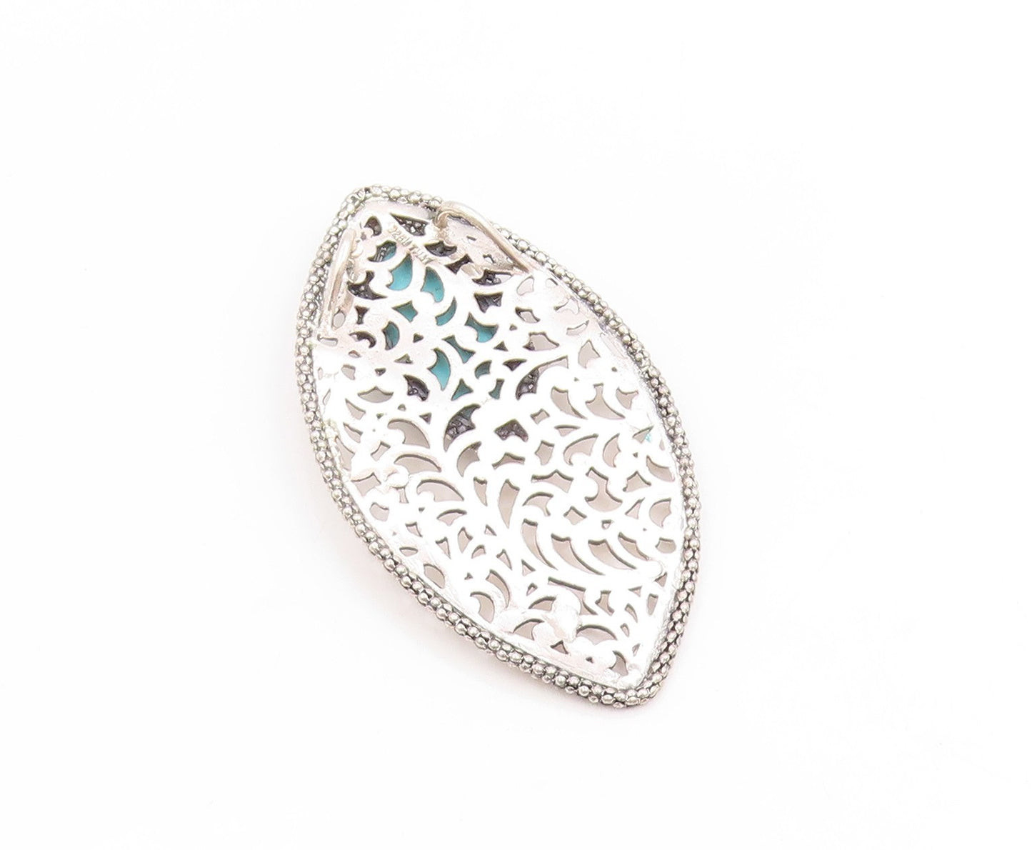 925 Sterling Silver Vintage Pendant Marquise Cut Turquoise Openwork Leaf PT25842