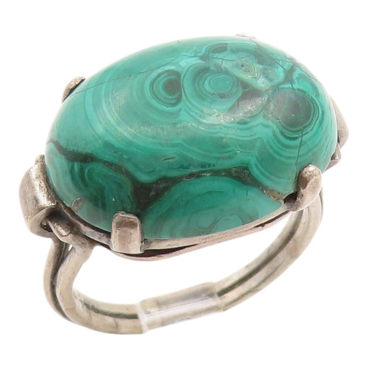 925 Sterling Silver Vintage Ring Modernist Cabochon Malachite Band Sz 8 RG35847