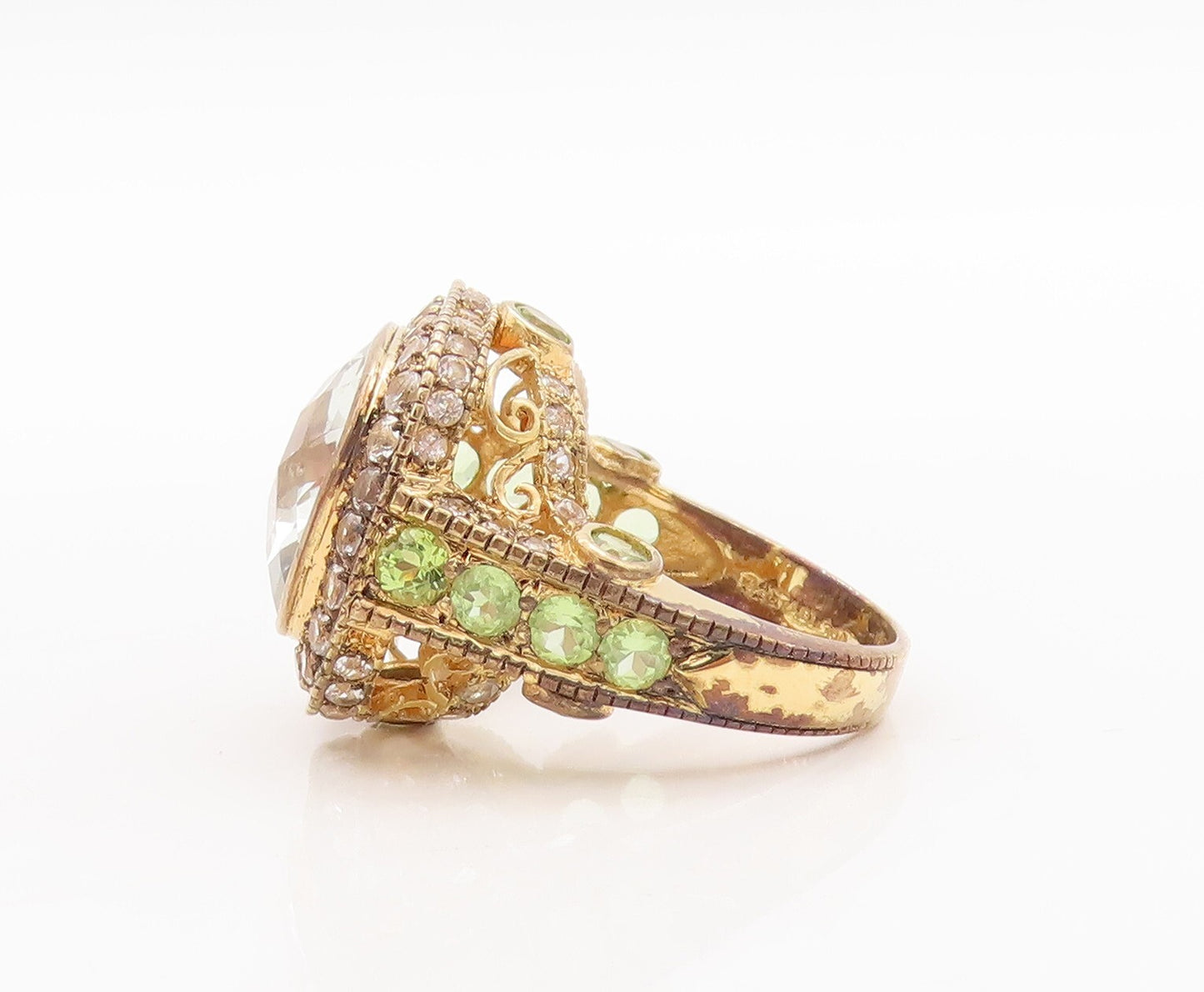 925 Sterling Silver Vintage Ring Gold Plated Peridot & Square Topaz Sz 7 RG29878