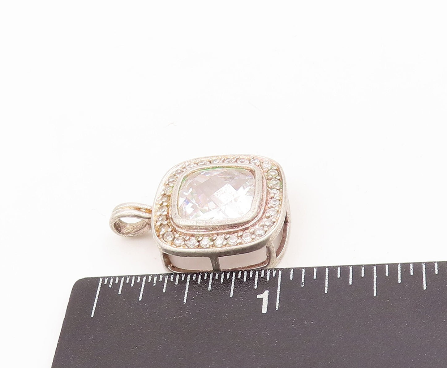 925 Sterling Silver Vintage Pendant Square Cut Halo Topaz Beaded Frame  PT23441