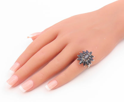 925 Sterling Silver Vintage Ring Elegant Sapphire Floral Cluster  Sz 6  RG36130