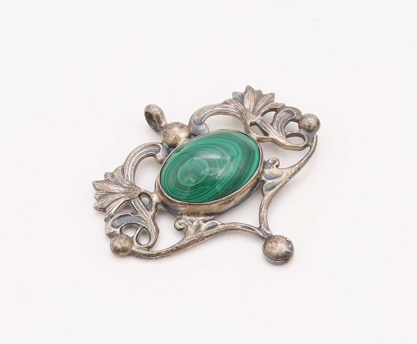 925 Sterling Silver Vintage Pendant TERNER Floral Oval Malachite Heart  PT23493
