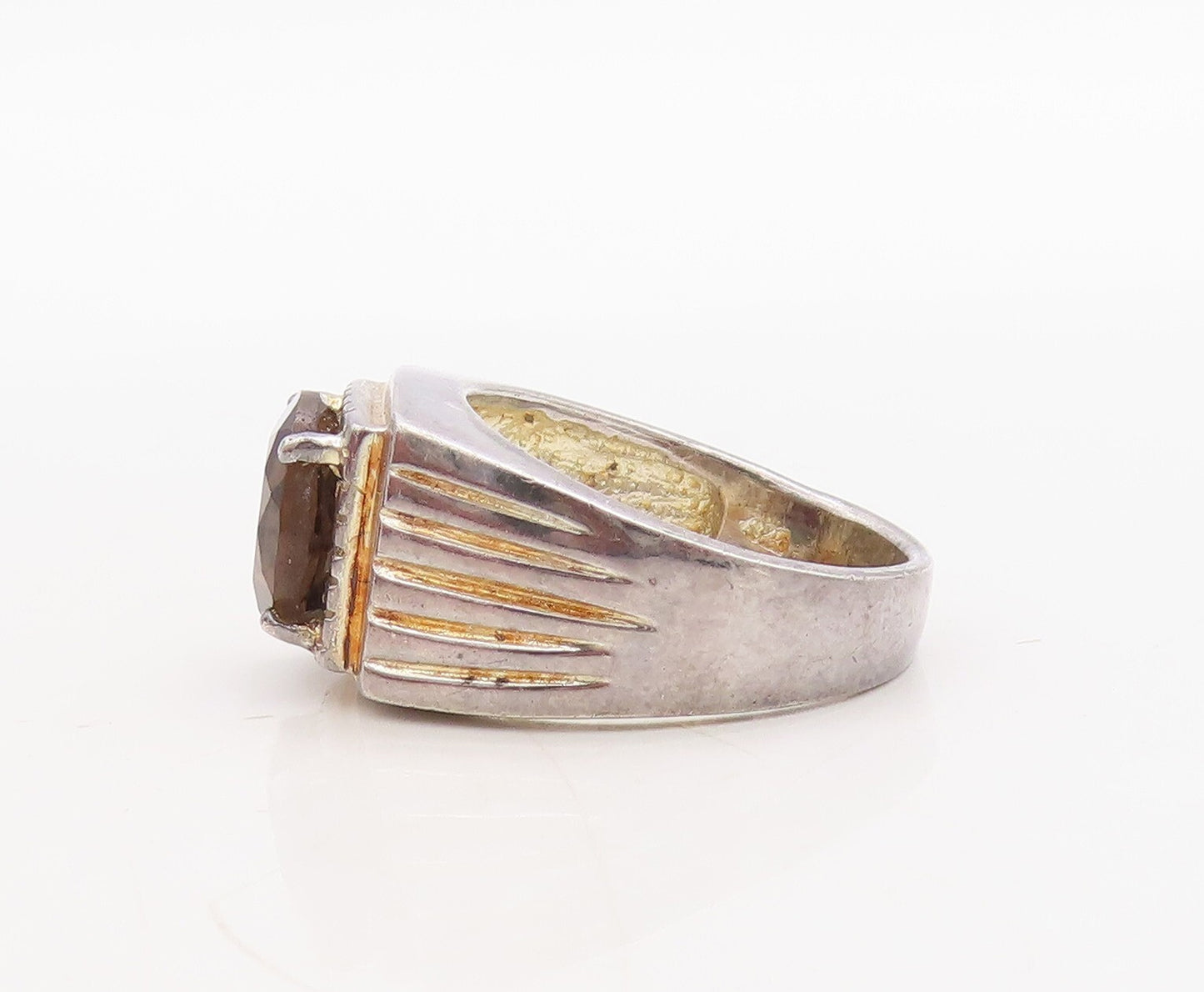 925 Sterling Silver Vintage Ring Grooved Lines Round Smoky Quartz Sz 8.5 RG31673