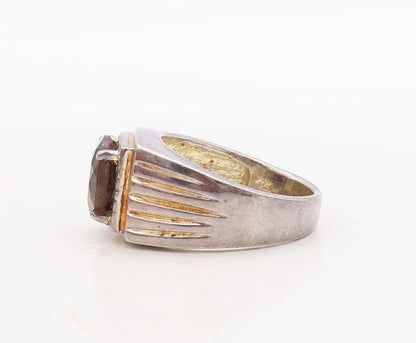 925 Sterling Silver Vintage Ring Grooved Lines Round Smoky Quartz Sz 8.5 RG31673