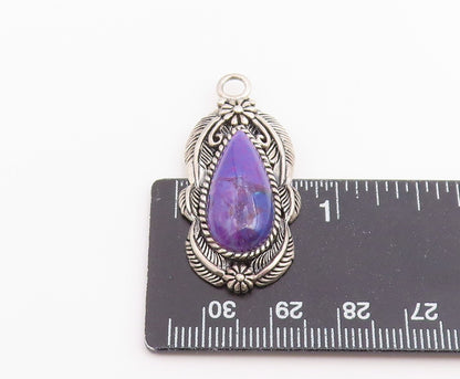 925 Sterling Silver Vintage Pendant Purple Turquoise Etched Leaf Drop  PT26525