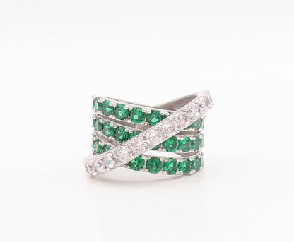 925 Sterling Silver Vintage Ring Designer Green & White CZ Bands  Sz 7  RG29593