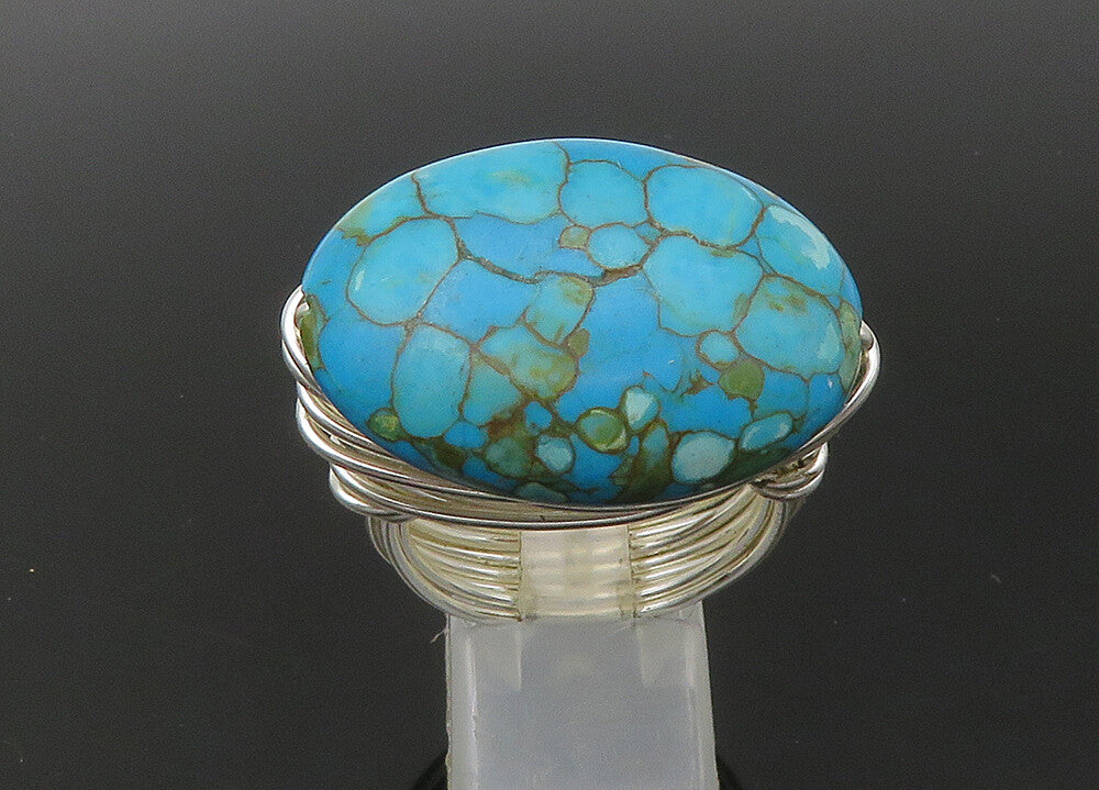 925 Sterling Silver  Vintage Turquoise Shiny Wire Cocktail Ring Sz 10  RG22600