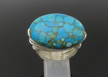 925 Sterling Silver  Vintage Turquoise Shiny Wire Cocktail Ring Sz 10  RG22600