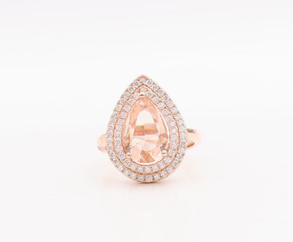 925 Sterling Silver Vintage Ring Drop Cut Morganite Halo CZ Bands Sz 7.5 RG29070