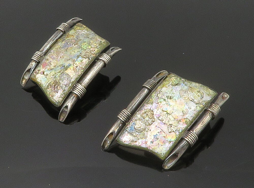 925 Sterling Silver  Vintage Roman Glass Modernist Non Pierce Earrings  EG7662