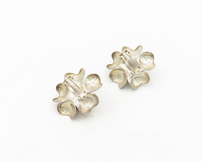 925 Sterling Silver  Vintage Shiny Floral Motif Non Pierce Earrings  EG9382