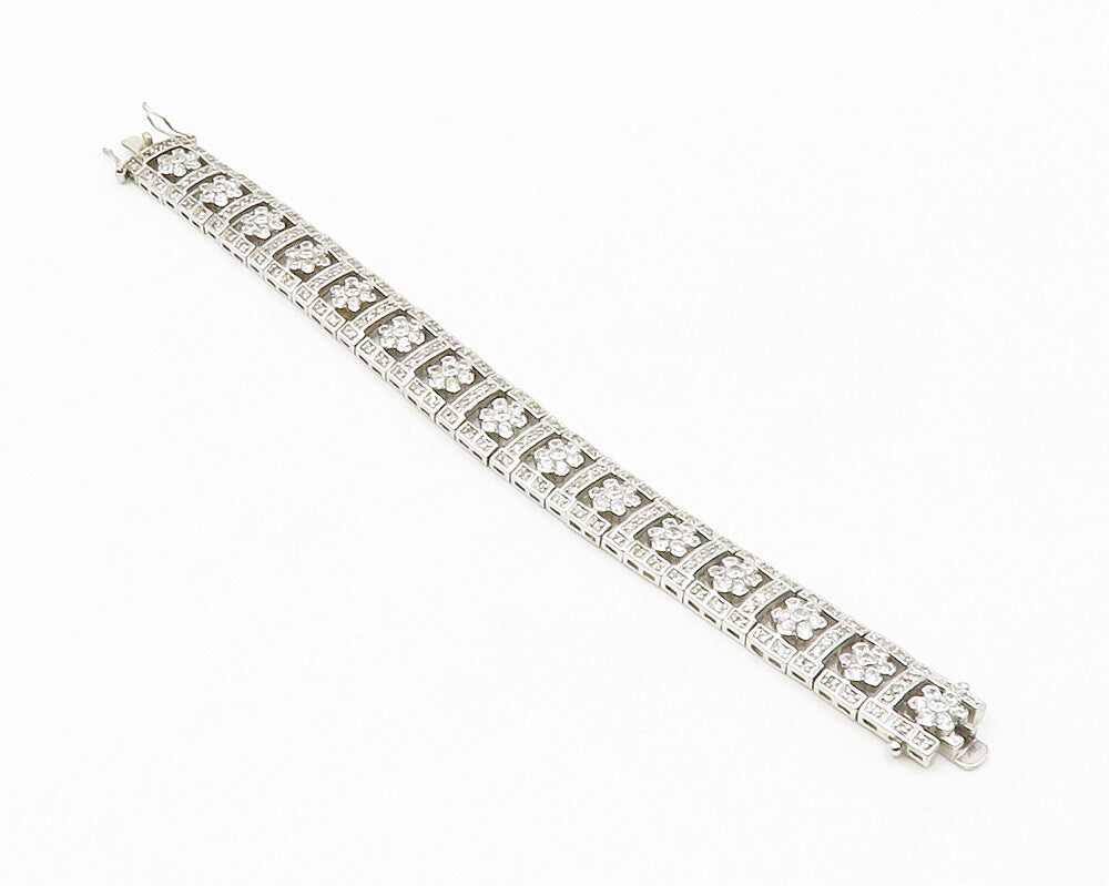 925 Sterling Silver  Shiny Cubic Zirconia Floral Link Chain Bracelet  BT5239
