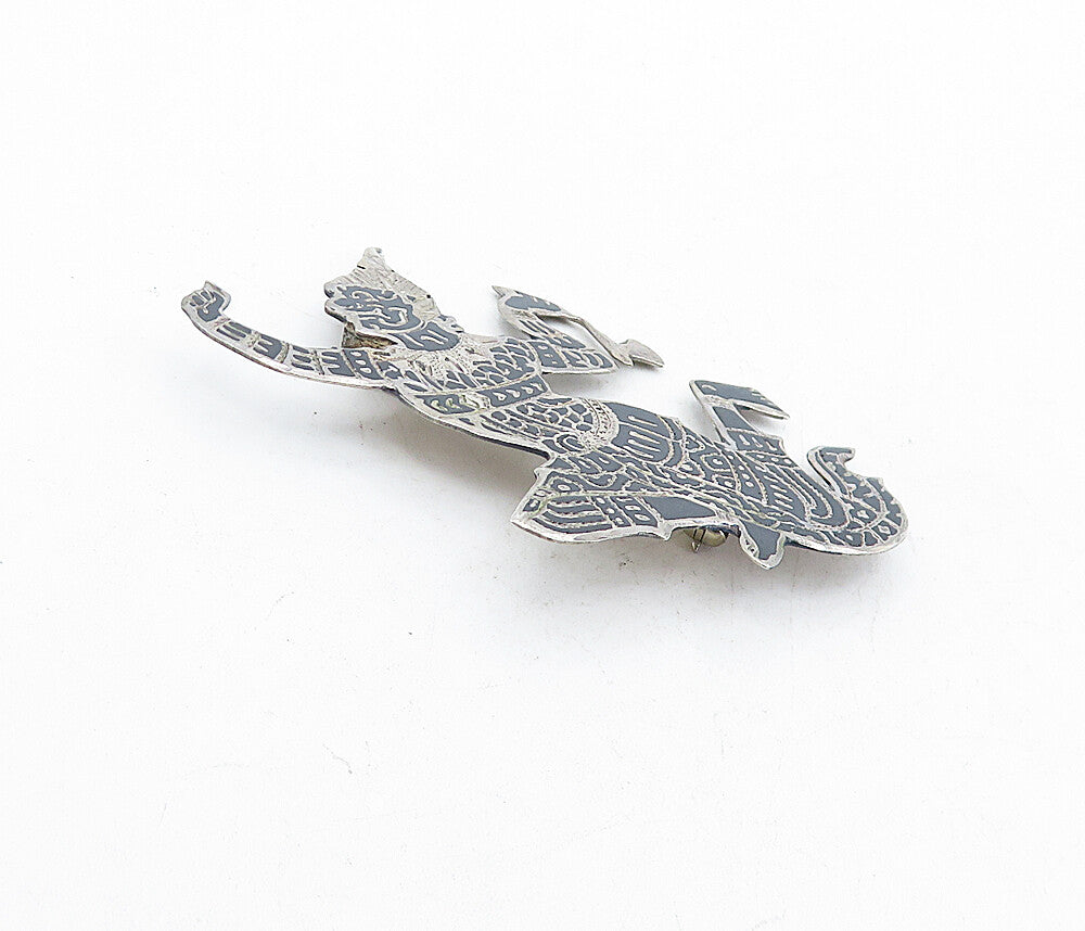 SIAM 925 Sterling Silver  Vintage Shiny Etched Niello Dancer Brooch Pin BP2048