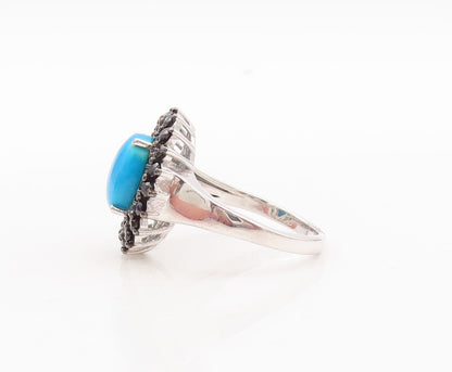 925 Sterling Silver Vintage Ring Cabochon Turquoise & Spinel Flower Sz 8 RG29758