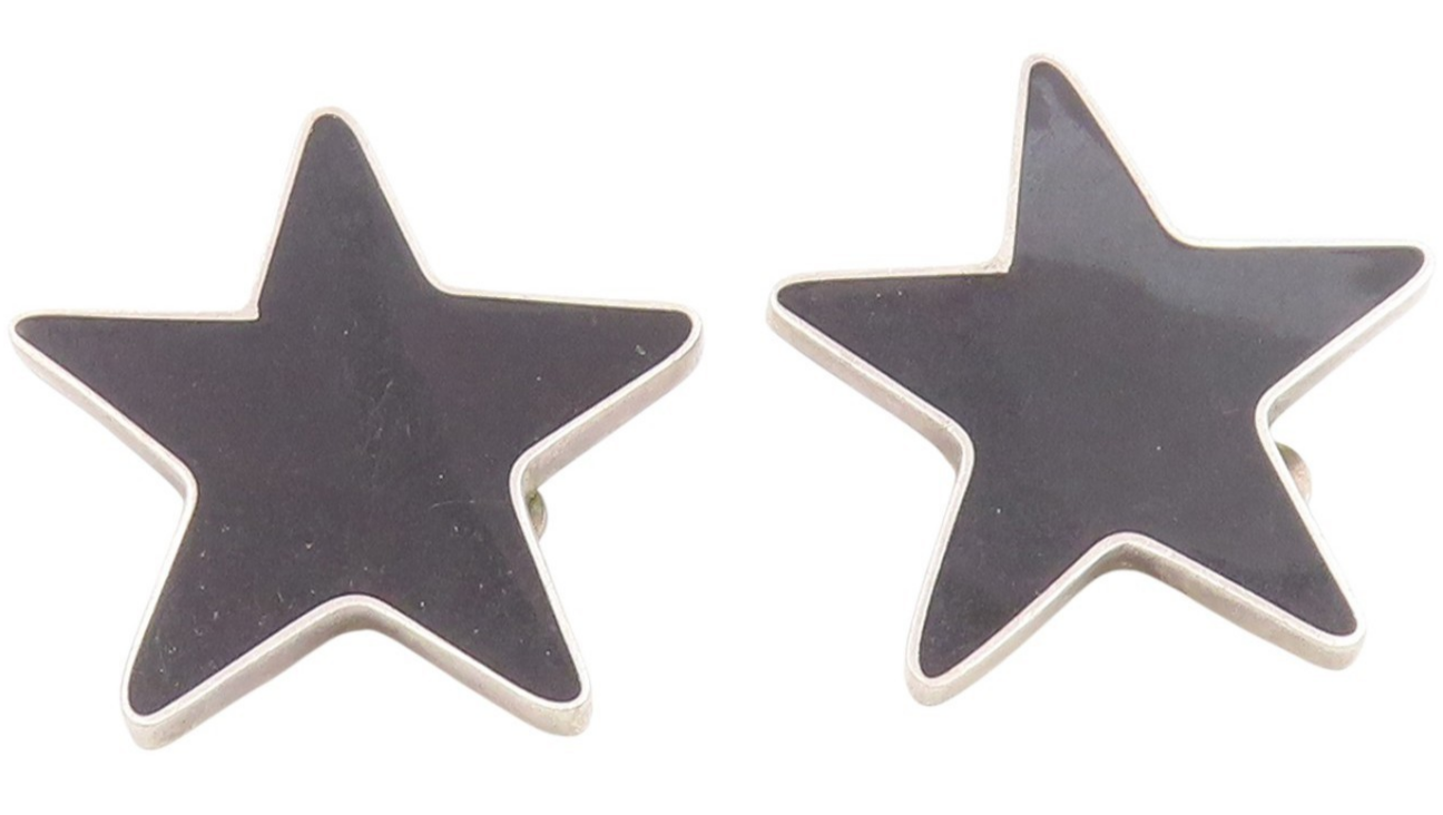 925 Sterling Silver Vintage Earrings MEXICO Onyx Inlay Modernist Star  EG14091
