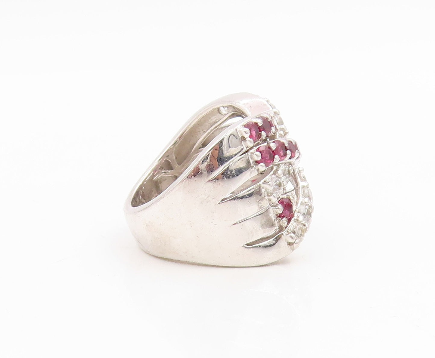 925 Sterling Silver Vintage Ring Pink Topaz & CZ Crossover Band  Sz 7  RG34919