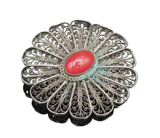 ISRAEL 925 Silver  Vintage Antique Rope Twist Coral Flower Brooch Pin  BP9936