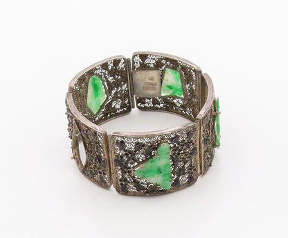 925 Sterling Silver Vintage Bracelet CHINESE EXPORT Jade Flora Filigree  BT12134