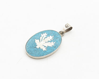 MEXICO 925 Silver  Vintage Inlaid Turquoise Floral Leaf Pendant  PT15452