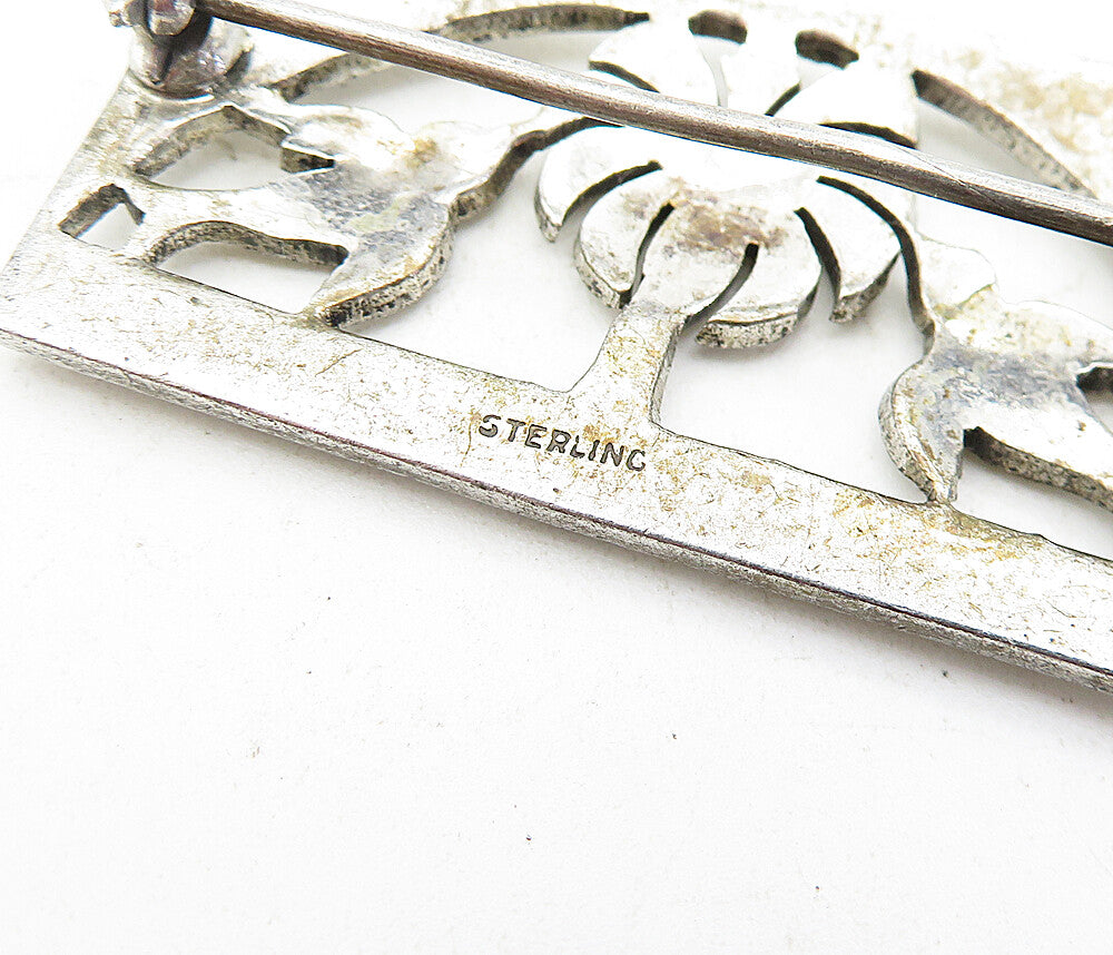 925 Sterling Silver  Vintage Sparkling Palm Tree & Birds Brooch Pin  BP1920