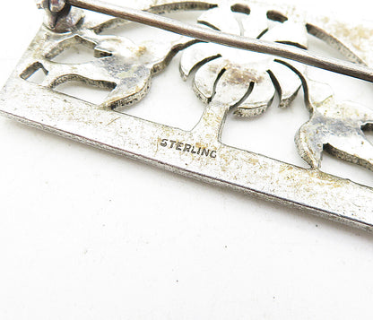 925 Sterling Silver  Vintage Sparkling Palm Tree & Birds Brooch Pin  BP1920