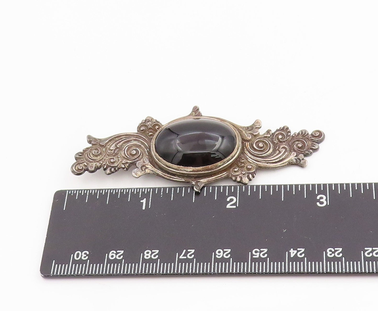 925 Sterling Silver Vintage Brooch Cabochon Onyx Etched Bali Floral Pin  BP12000