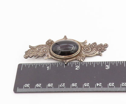 925 Sterling Silver Vintage Brooch Cabochon Onyx Etched Bali Floral Pin  BP12000