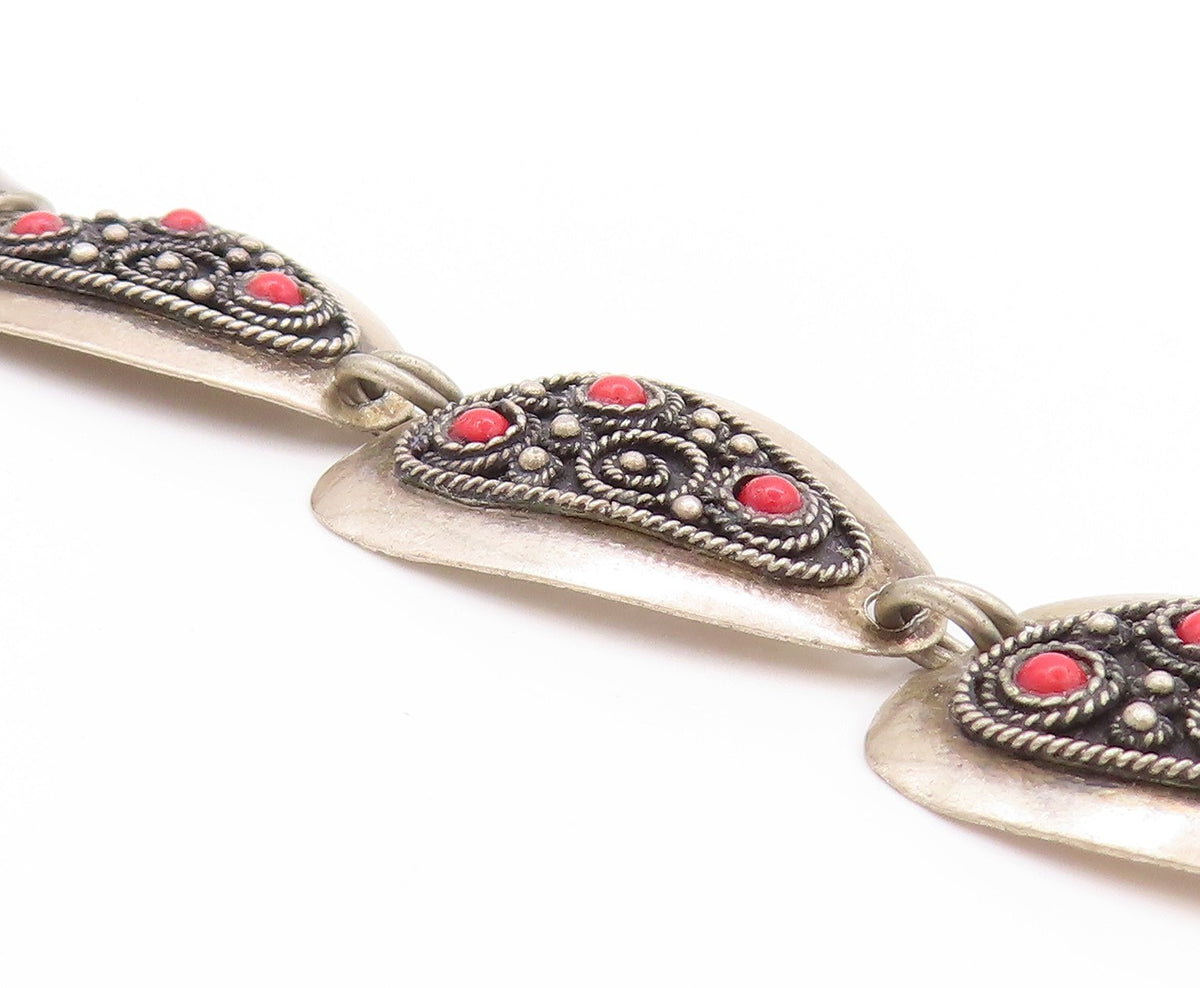 925 Sterling Silver Vintage Bracelet ISRAEL Rope Work Design Gemstones  BT11242