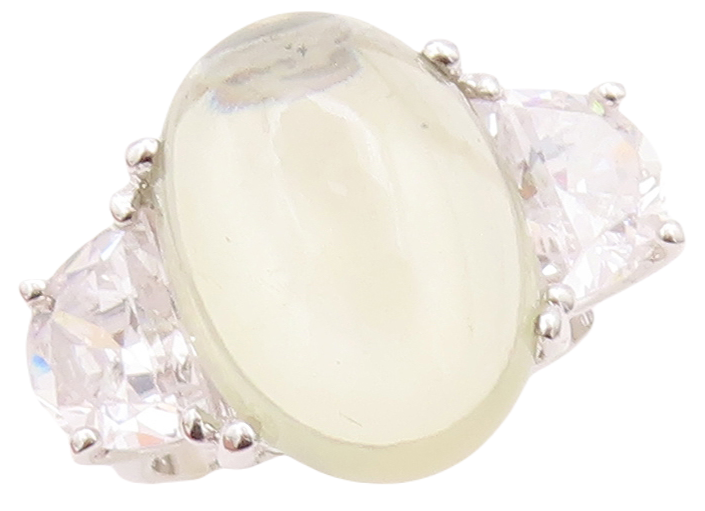 925 Sterling Silver Vintage Ring Oval Cabochon Green Amethyst & CZ Sz 7  RG29688