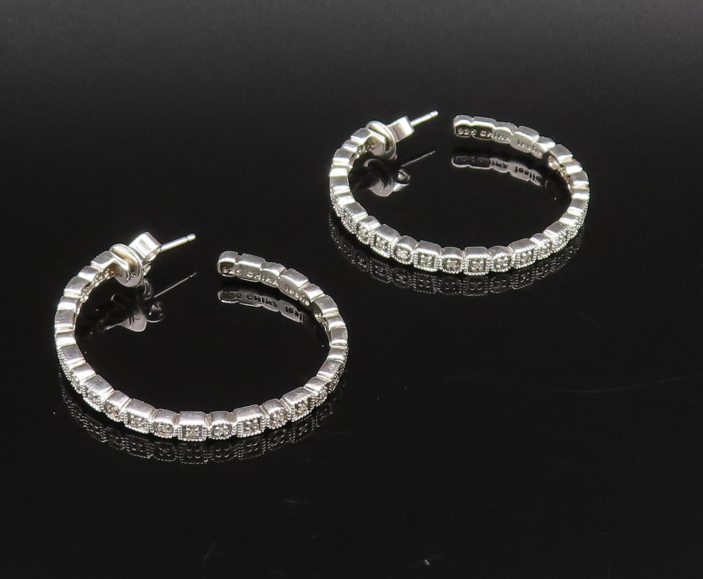 925 Silver  Vintage Genuine Diamonds Square & Round Pattern Earrings  EG12180