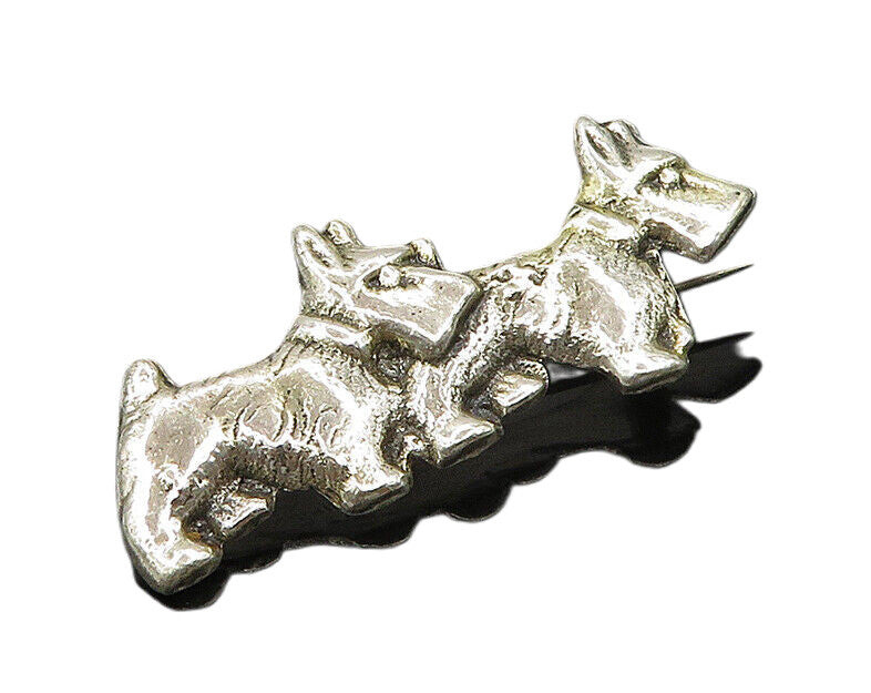925 Sterling Silver  Vintage Shiny Double Terrier Dog Motif Brooch Pin  BP7296