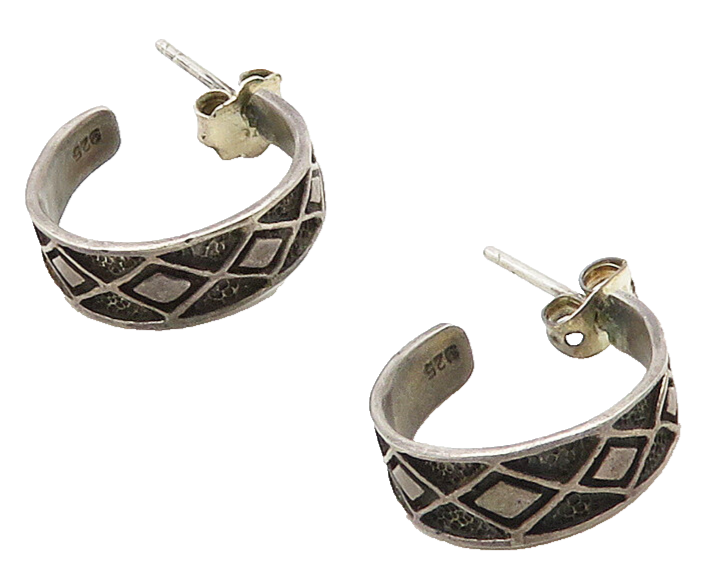 925 Sterling Silver  Vintage Diamond Shaped Pattern Hoop Earrings  EG8341