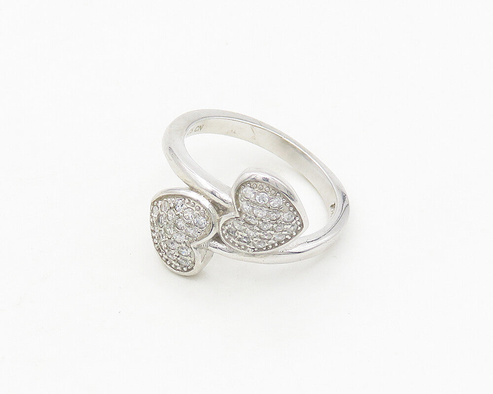 925 Sterling Silver  Cubic Zirconia Love Hearts Bypass Band Ring Sz 6  RG17983