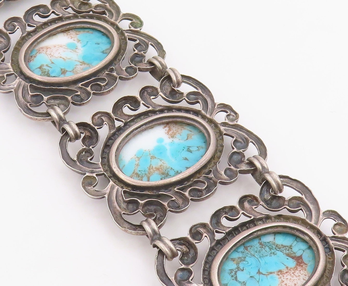 925 Sterling Silver Vintage Bracelet DANECRAFT Oval Turquoise Wide Link  BT11859