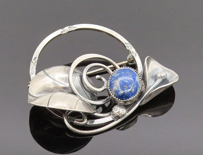 DESIGNER 925 Silver  Vintage Lapis Lazuli Calla Lily Stem Brooch Pin  BP10123