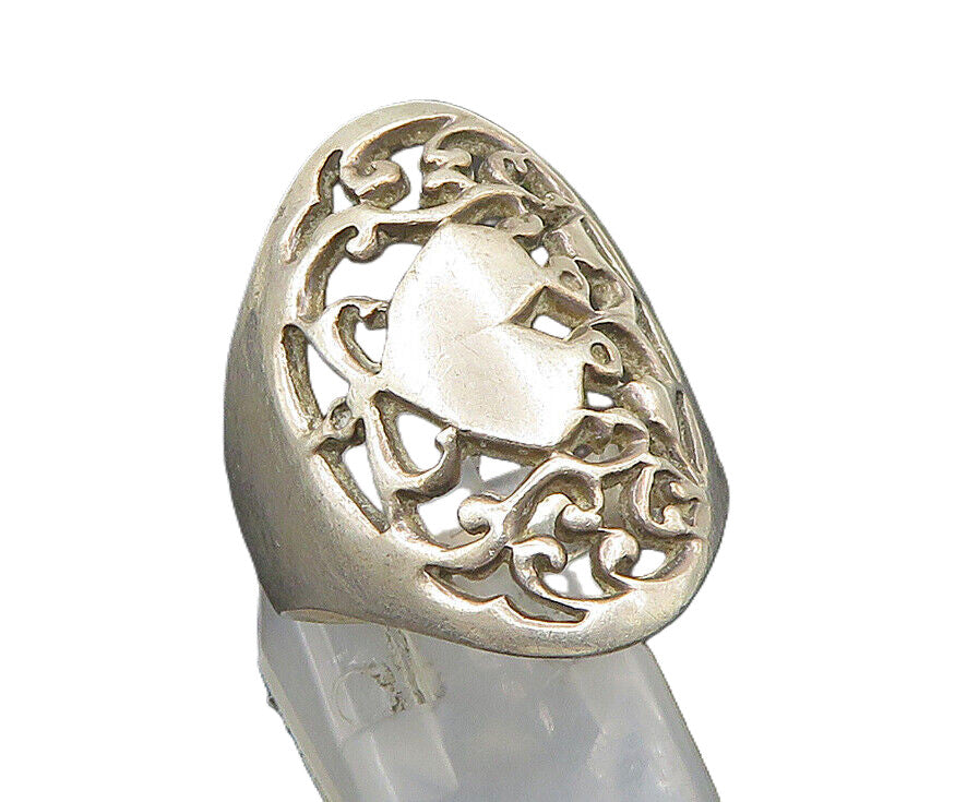 925 Silver  Vintage Intricate Heart & Floral Vine Band Ring Sz 9  RG23816