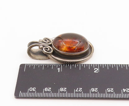 925 Sterling Silver Vintage Pendant Cabochon Honey Amber Chunky Locket  PT25326