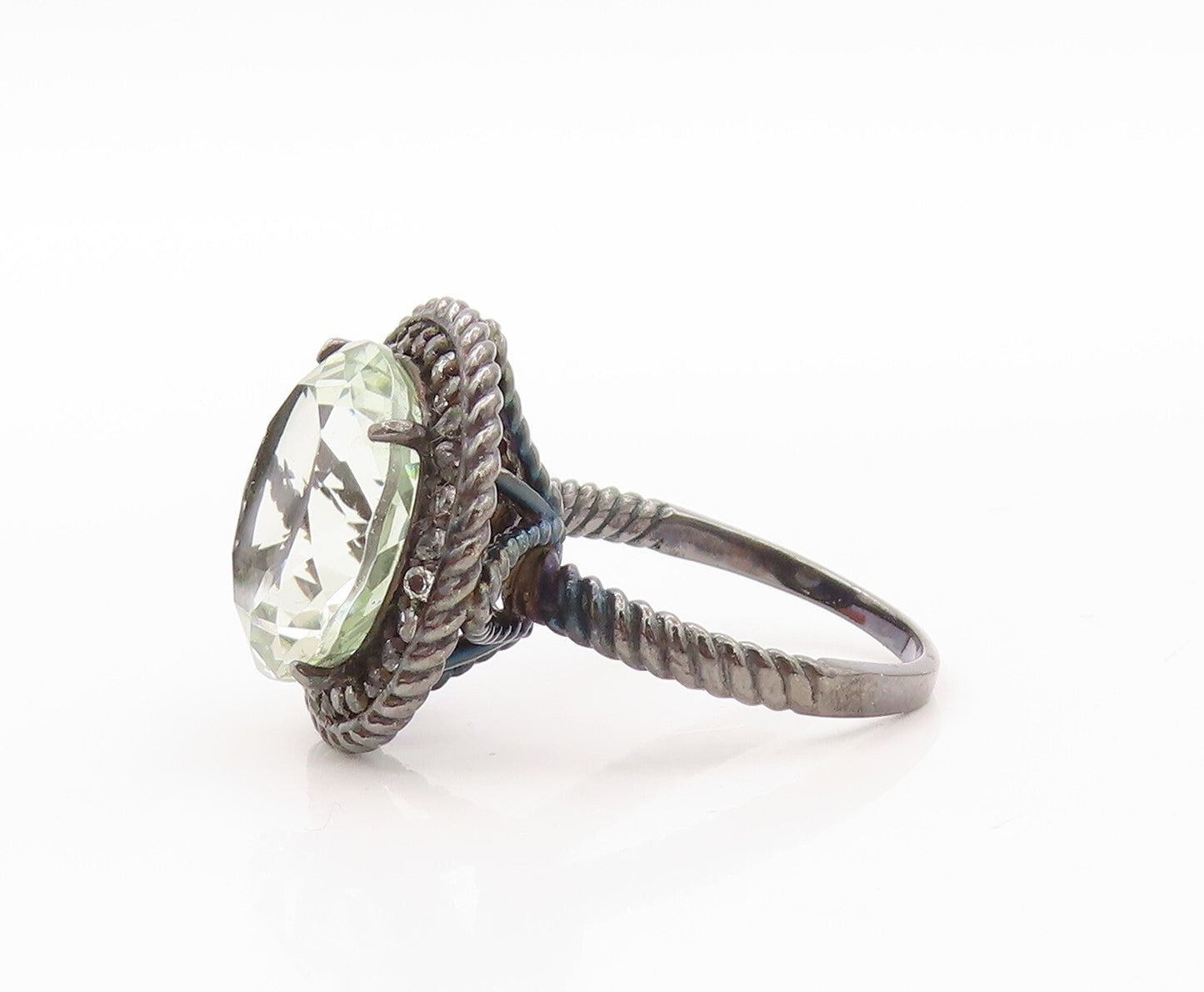 925 Sterling Silver Vintage Ring Twisted Rope Green Amethyst & CZ Sz 7.5 RG30754