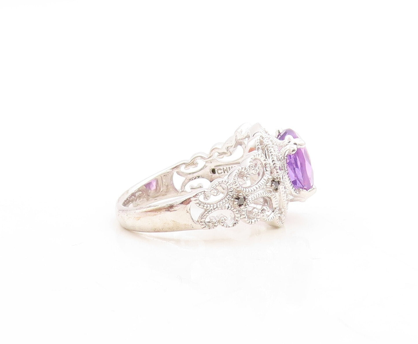 925 Sterling Silver Vintage Ring Swirly Carved Round Cut Amethyst  Sz 9  RG31387