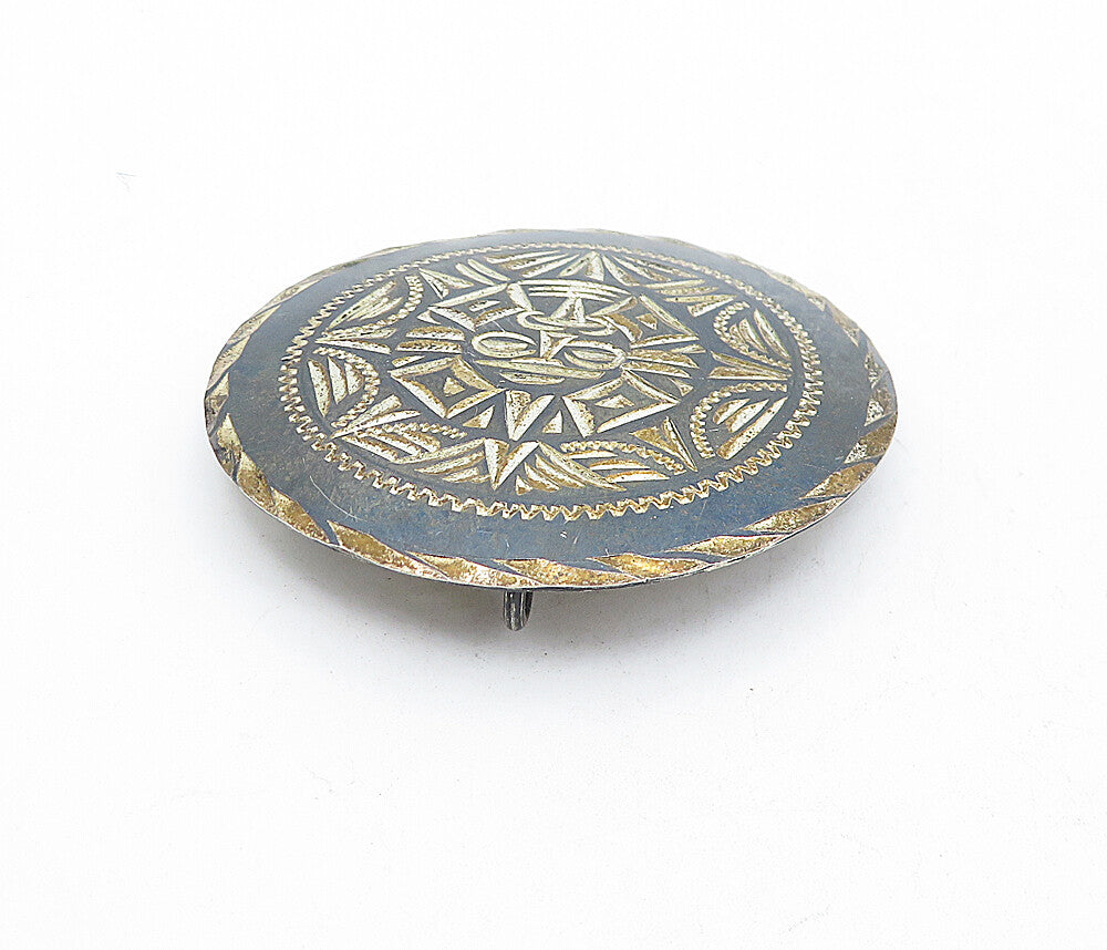 MEXICO 925 Sterling Silver  Vintage Mayan Aztec Sun Calendar Brooch Pin BP1240