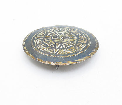 MEXICO 925 Sterling Silver  Vintage Mayan Aztec Sun Calendar Brooch Pin BP1240